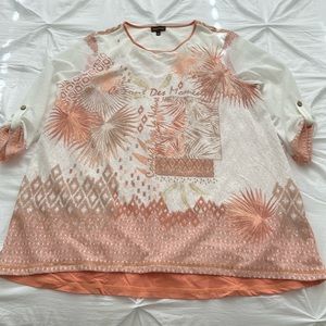Cream and coral med sleeve blouse with graphics and designs. Size L.